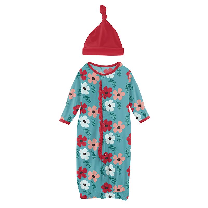 Print Ruffle Layette Gown Converter and Knot Hat Set in Glacier Wildflowers  - Doodlebug's Children's Boutique