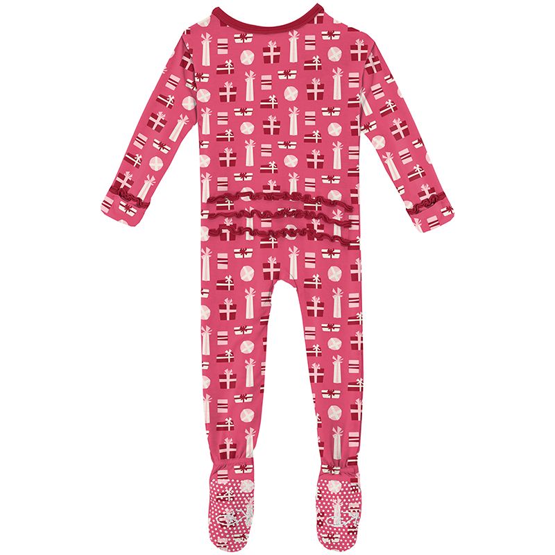 Print Muffin Ruffle Footie with Zipper in Winter Rose Presents  - Doodlebug's Children's Boutique