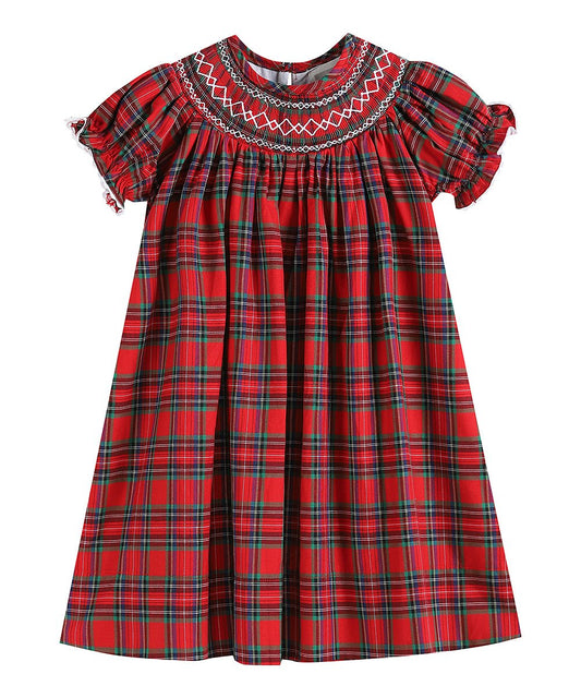 Red Christmas Plaid Bishop Smocked Dress  - Doodlebug's Children's Boutique