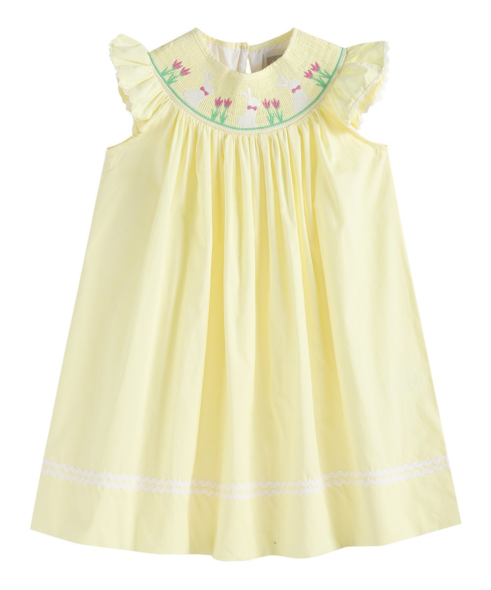 Yellow Easter Bunny and Flowers Smocked Bishop Dress  - Doodlebug's Children's Boutique