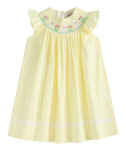 Yellow Easter Bunny and Flowers Smocked Bishop Dress  - Doodlebug's Children's Boutique