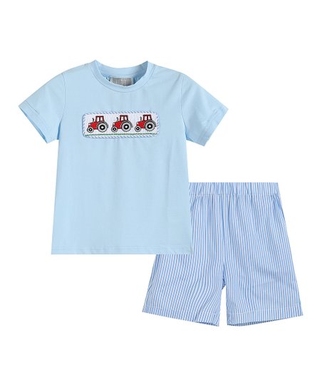 Light Blue Tractor Smocked Tee & Blue Striped Shorts Set  - Doodlebug's Children's Boutique